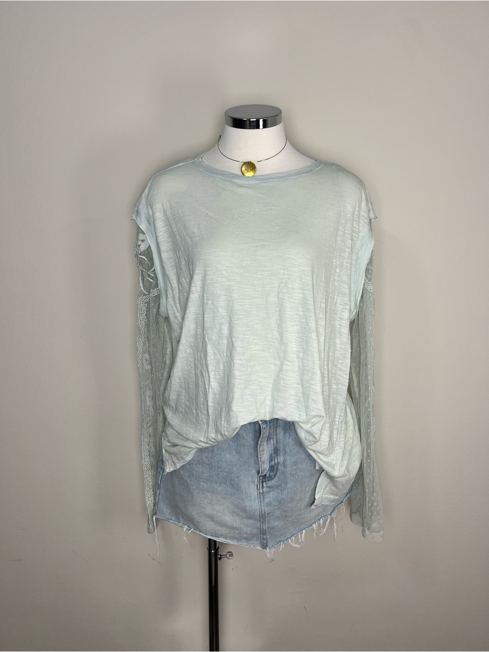 Free People Billie Jean Twofer Top NWT XL Light Aqua Lace Sleeve Boho - Picture 4 of 8